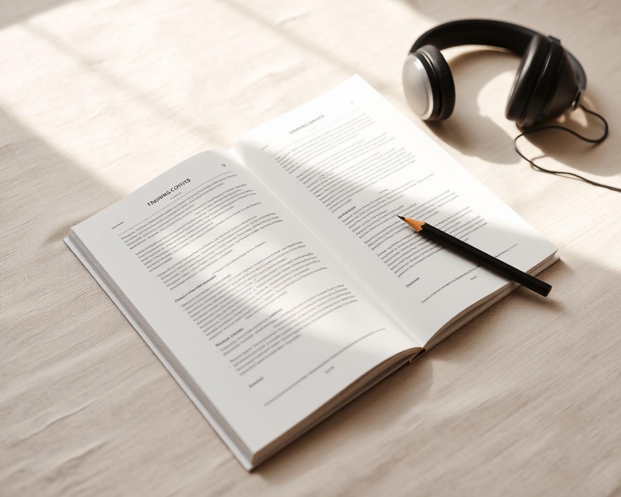 Cuaderno de entrenamiento abierto sobre lino junto a unos auriculares y un lápiz