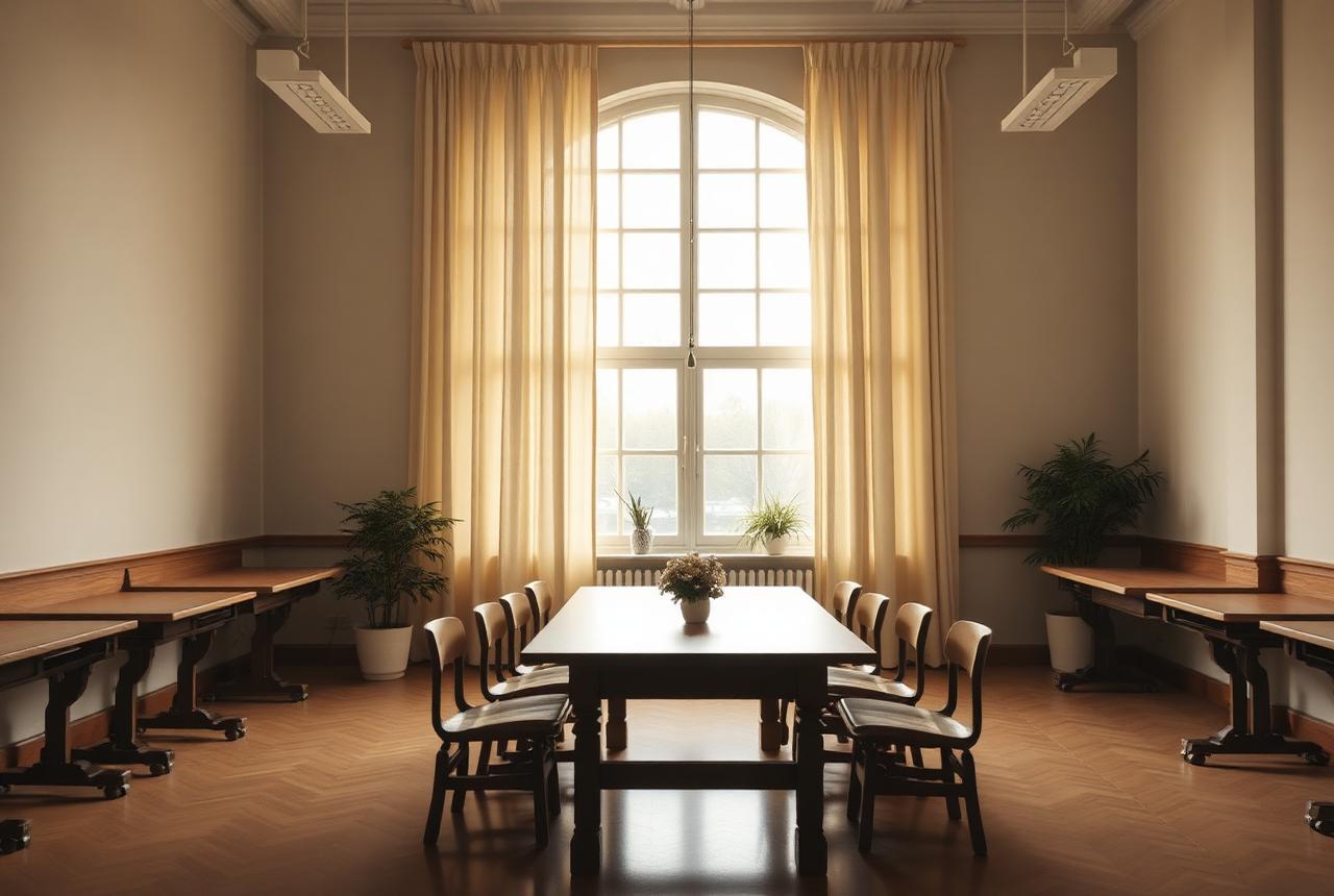 Sala de estudio serena con una mesa larga de madera y luz natural entrando por un ventanal
