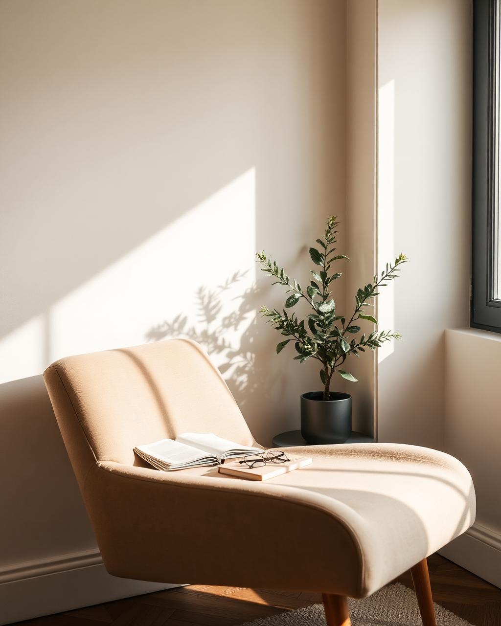 Rincón de estudio luminoso con un sillón, libreta y gafas de lectura